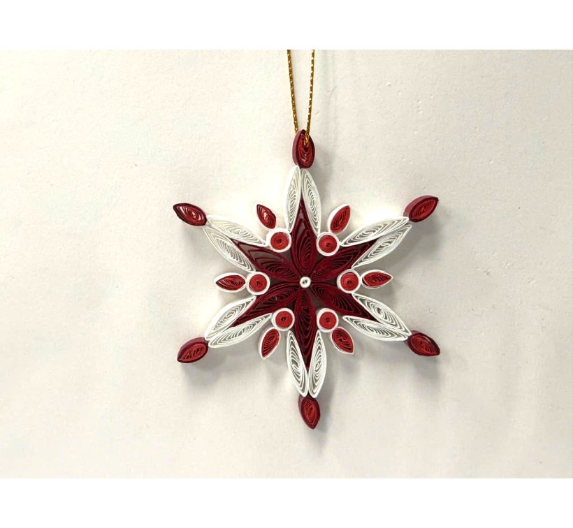 Paper quilling ornament, snowflake White red